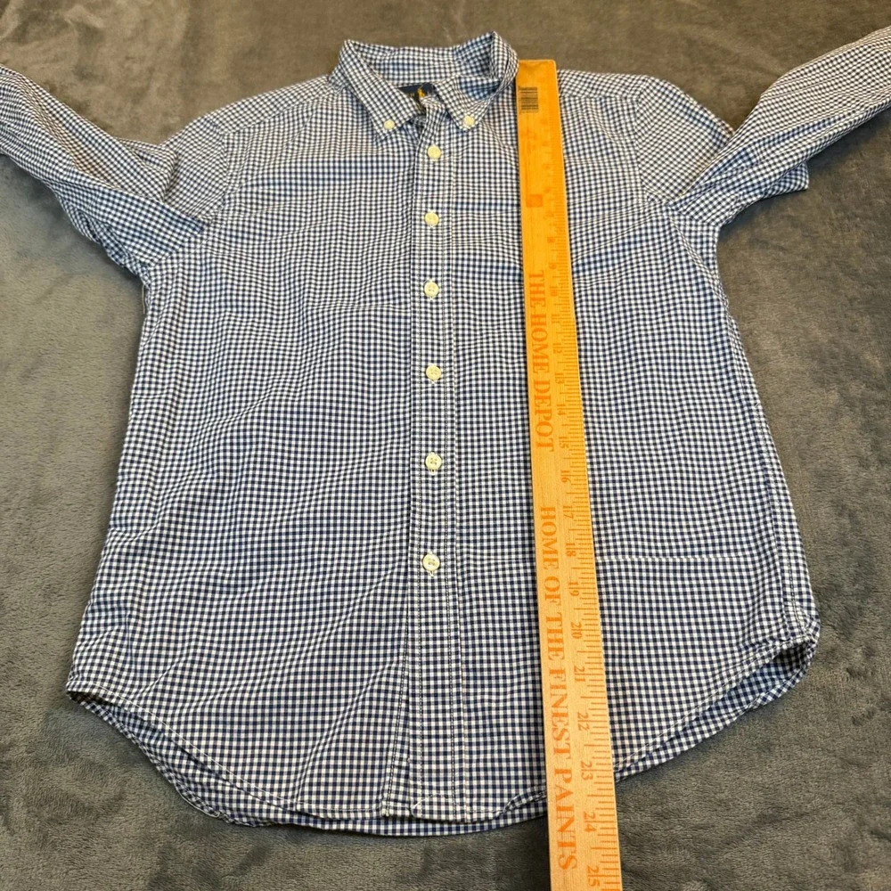 Ralph Lauren Boys Blue White Gingham Button Down Shirt Medium 10-12 Orange Pony‎